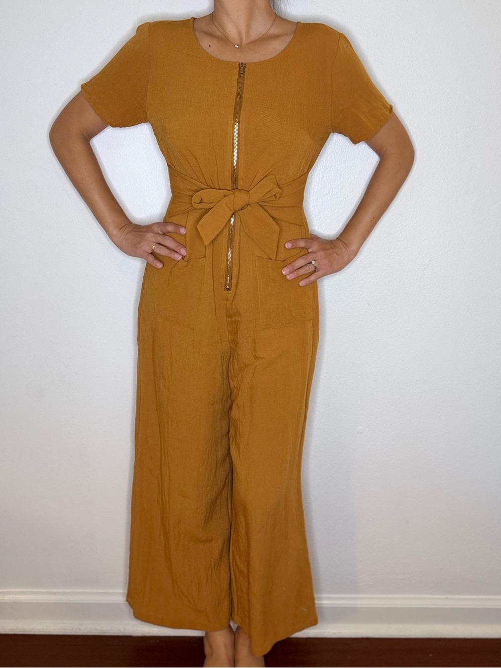 Polagram Mustard Short-Sleeve Front-Zip Jumpsuit with Waist Tie